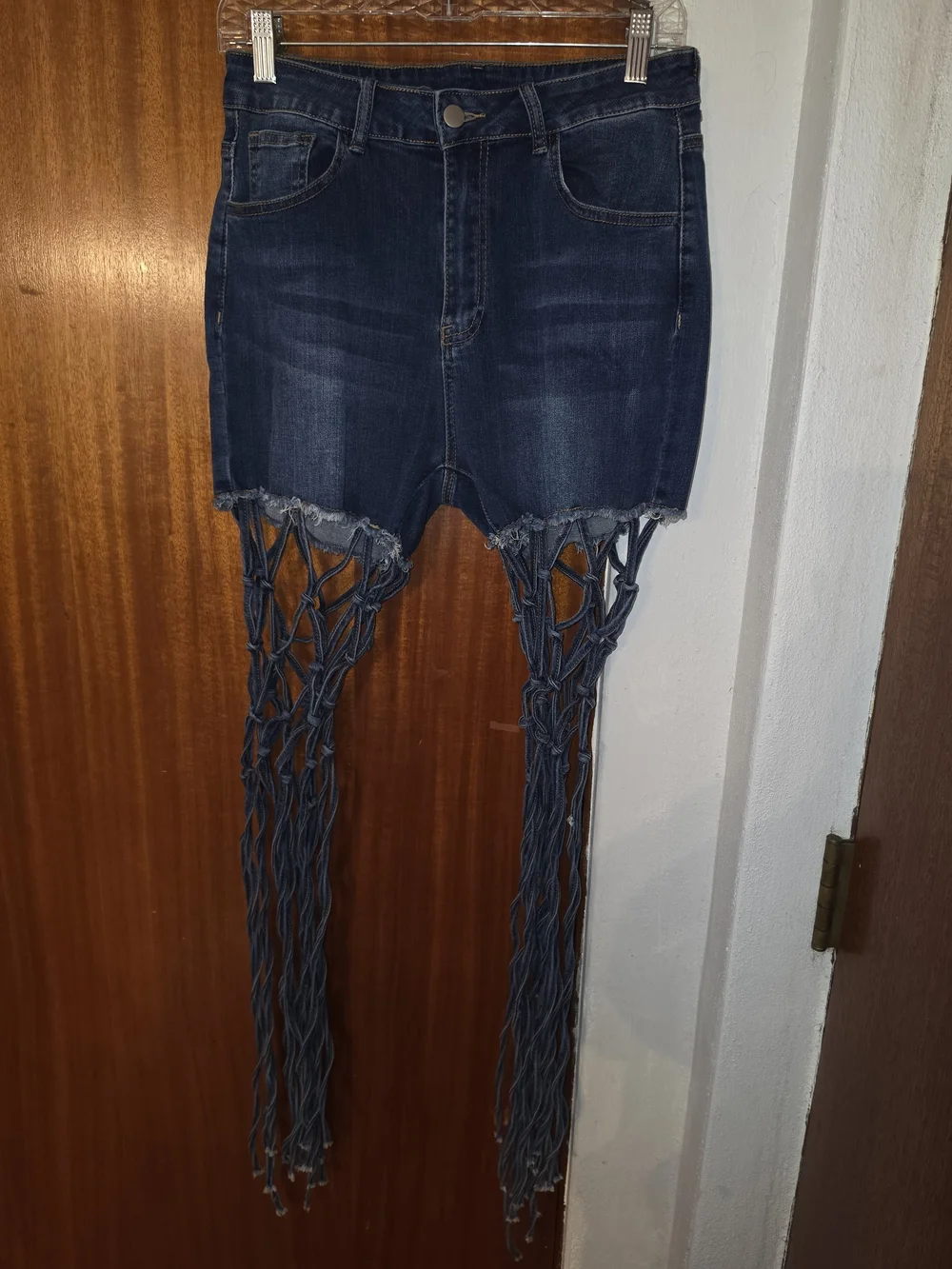 Dark Blue Fringe-Trim Denim Shorts Jeans
